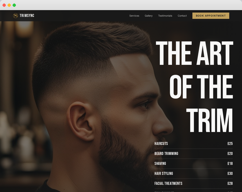 TrimSync barbershop website displayed in a Mac-style window