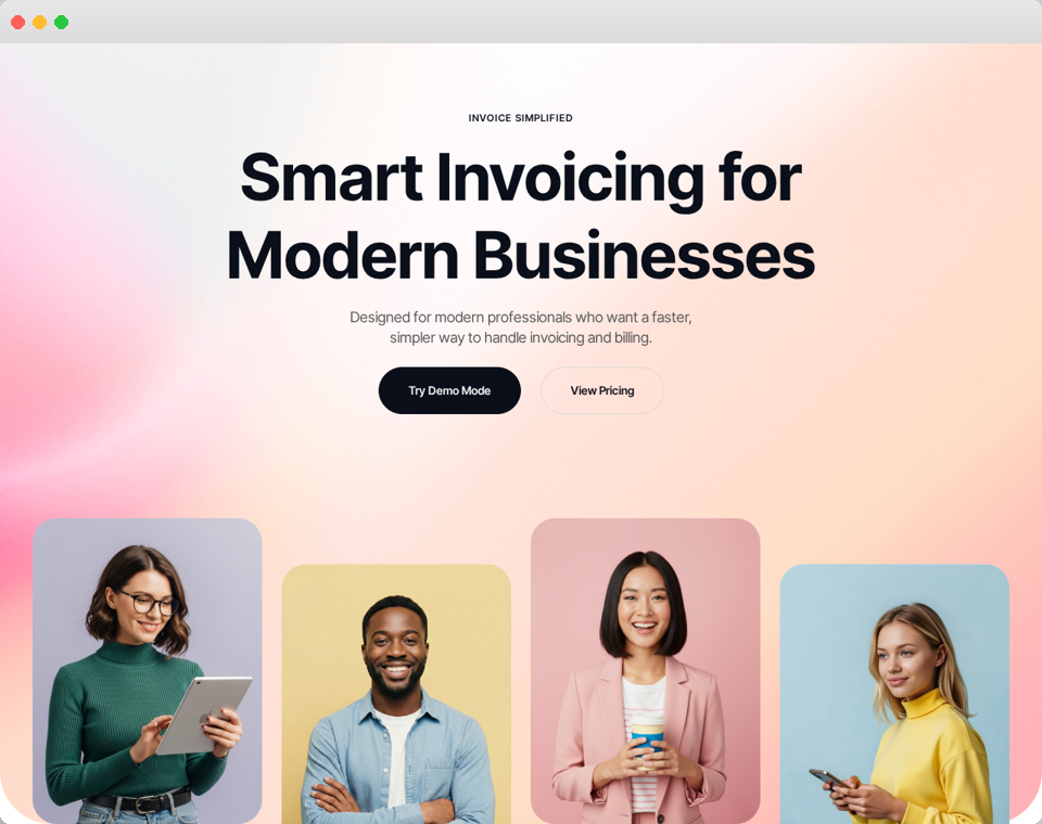 Invora smart invoicing website displayed in a Mac-style window