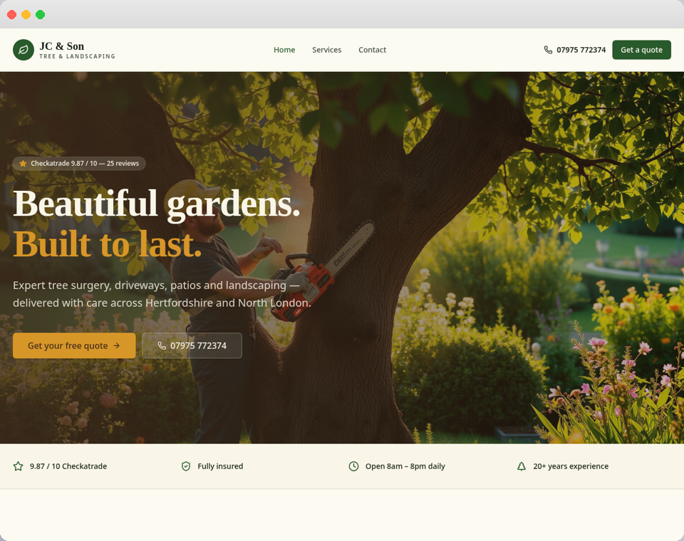 JC & Son website displayed in a Mac-style window