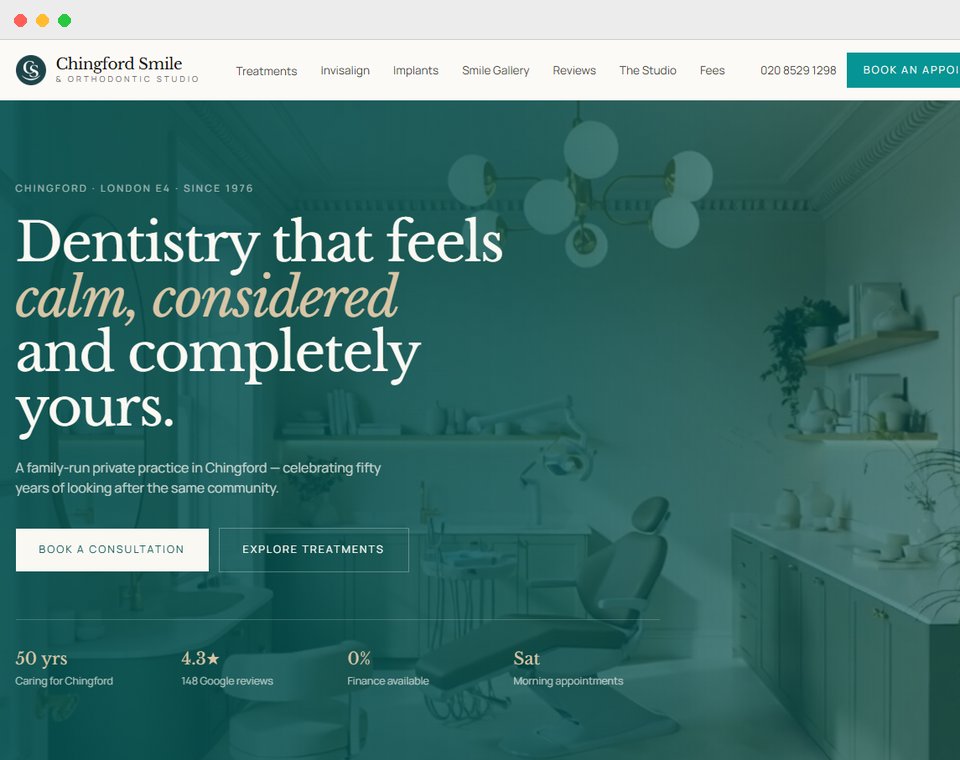 Chingford Smile dental practice website displayed in a Mac-style window