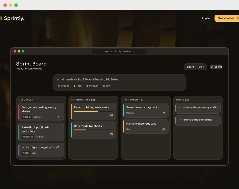 Sprintly project board website displayed in a Mac-style window