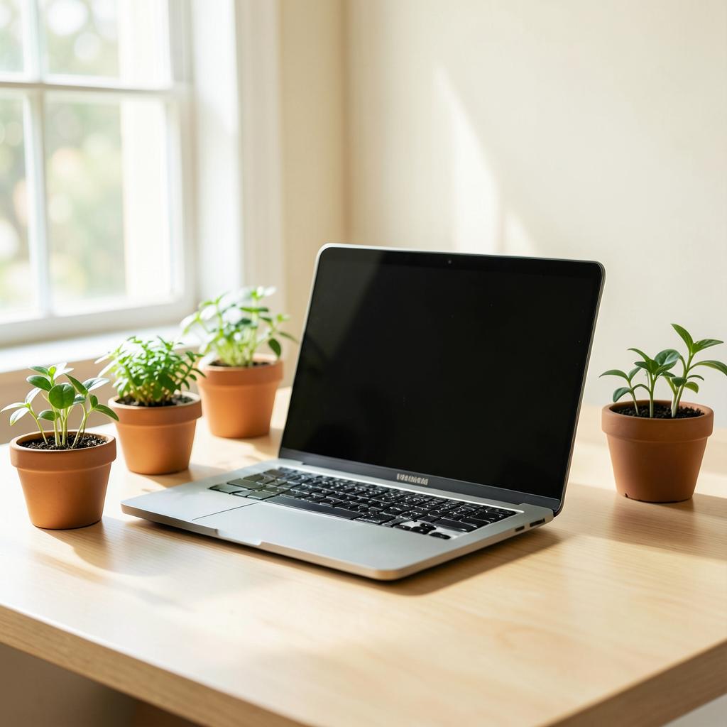 A bright, plant-filled workspace with a laptop ready for web design
